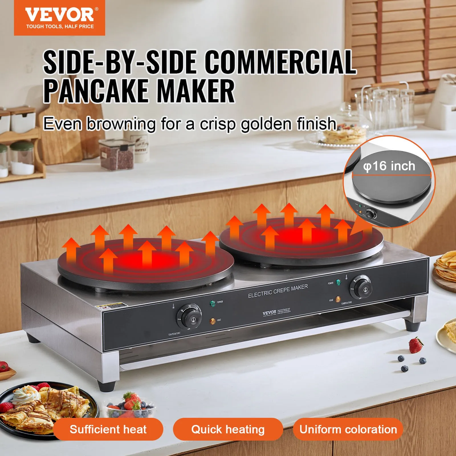 Машина за палачинки Vevor HT-2E , 2 котлона по 40 см, Мощност 6000 W, Звуков сигнал - Image 2