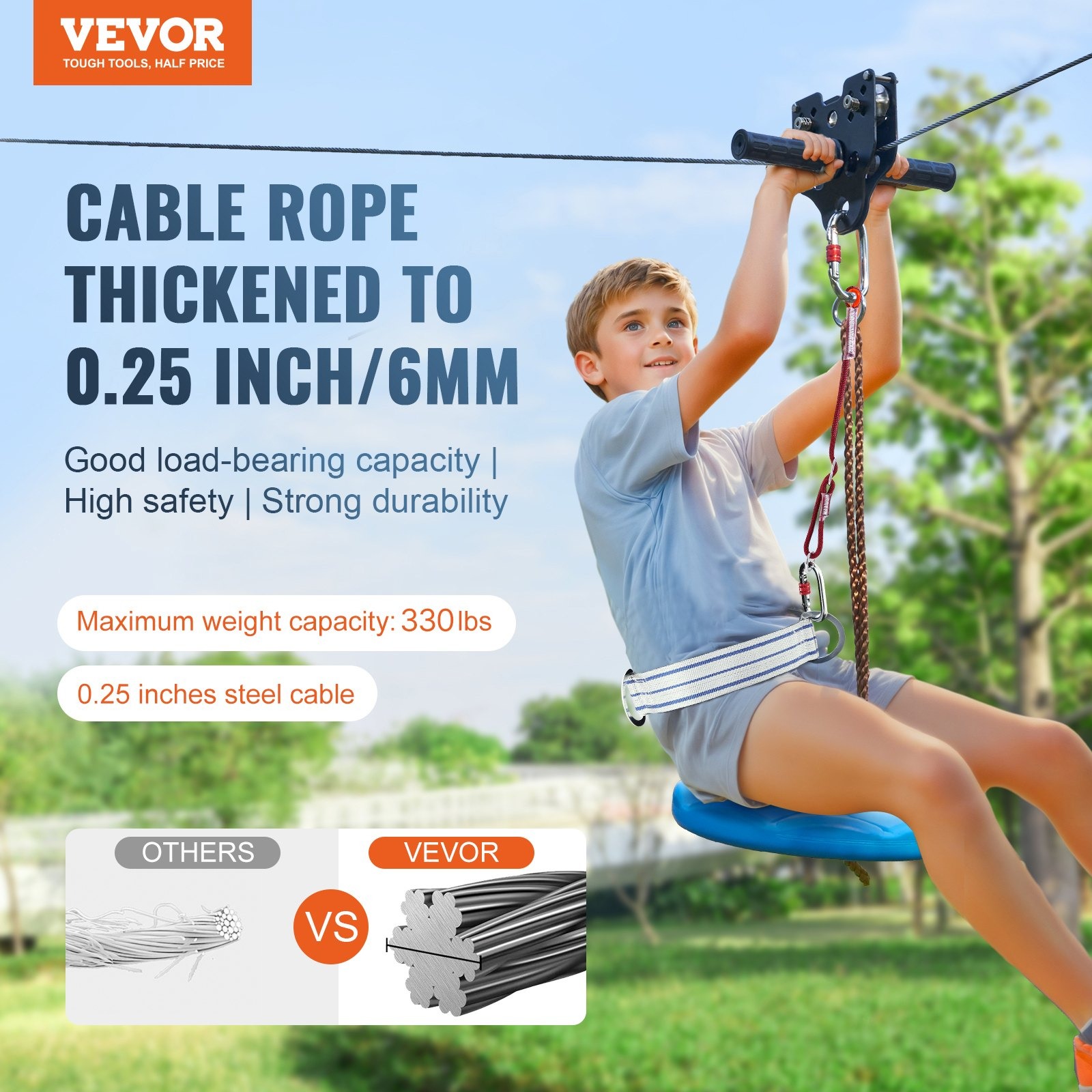 Комплект за зип лайн Vevor HL-18, Zip Line, 18 метра, Двойна защита с обезопасителни колани и въжета, Лесен монтаж, 16 части - Image 2