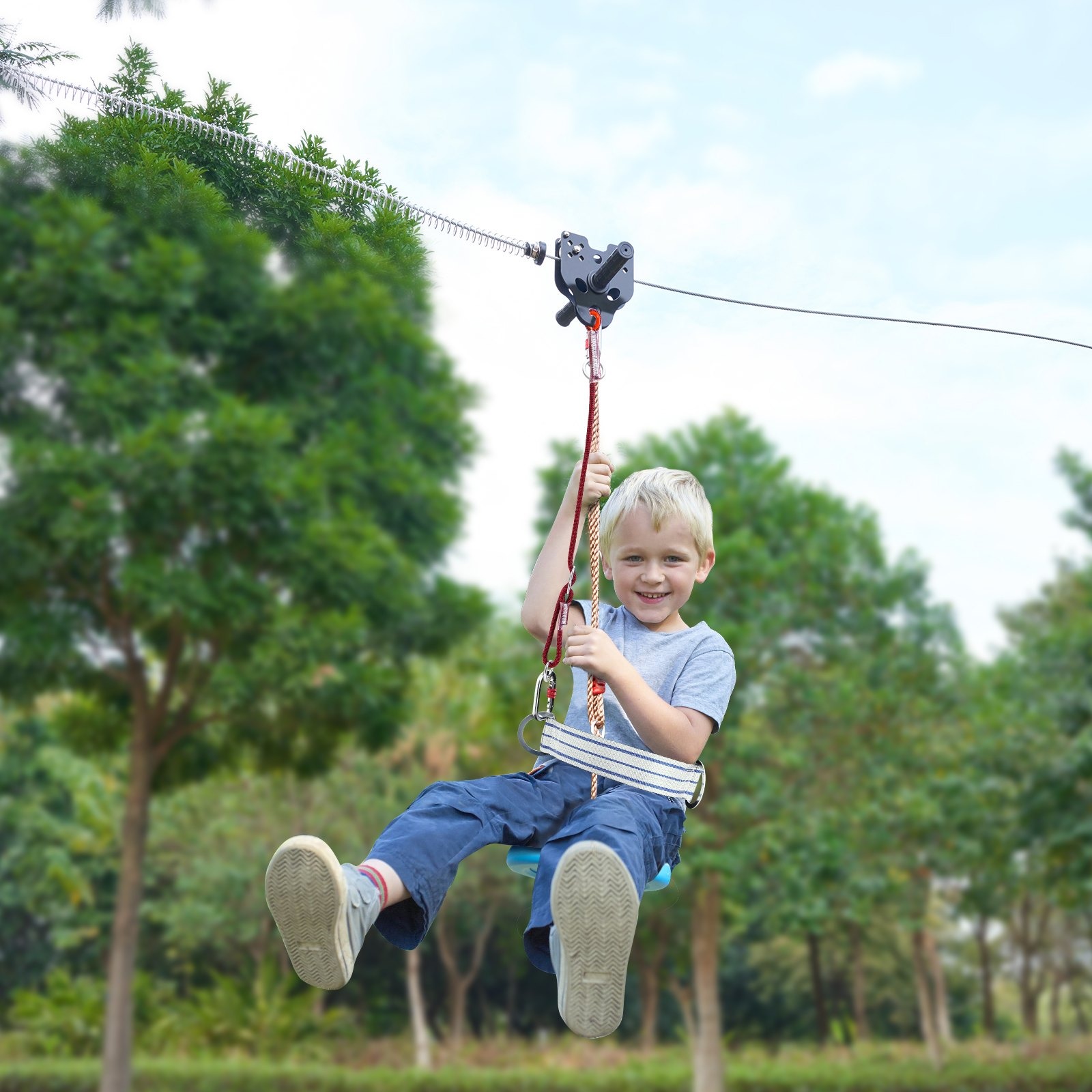 Комплект за зип лайн Vevor HL-18, Zip Line, 18 метра, Двойна защита с обезопасителни колани и въжета, Лесен монтаж, 16 части - Image 8