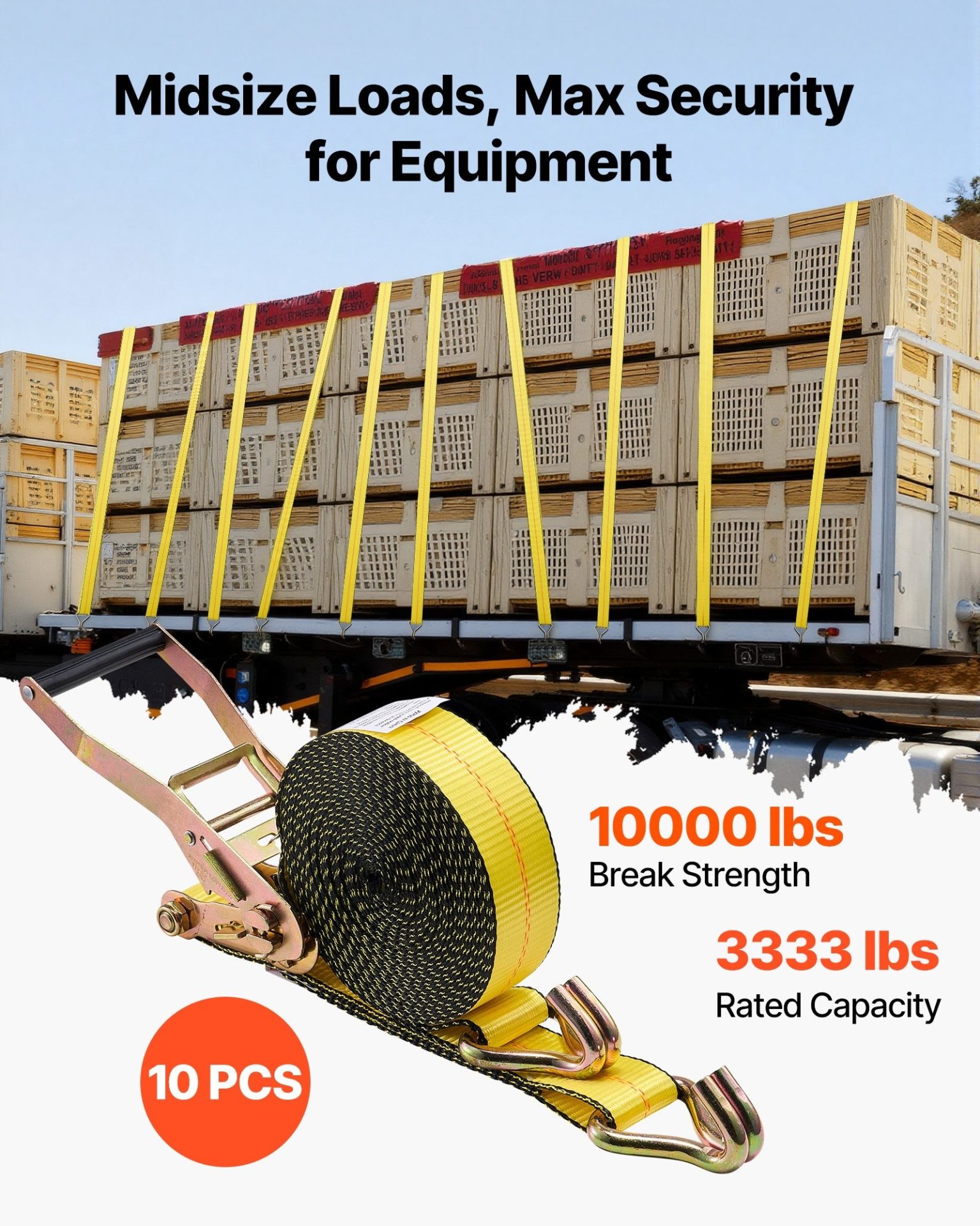 Колани за товари VEVOR JC2502X30S10PCS, Дължина 9.1 м, Якост на скъсване до 4536 кг, Комплект 10 броя - Image 2