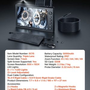 Инспекционна камера VEVOR SC15, Тройна камера, 7 инча дисплей, Твърд и полутвърд кабел с дължина 3 и 5 метра - Image 7