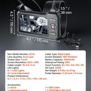 Инспекционна камера VEVOR SC14, Дължина на кабела 5 метра, Клас на защита IP67, Две камери с резолюция 1280 x 720 пиксела - Image 7