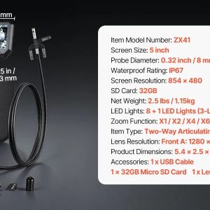 Инспекционна камера VEVOR ZX41 Pro, Двойна камера с резолюция 1280 x 720 пиксела, Ъгъл на управление 180°, Клас на защита IP67 - Image 8