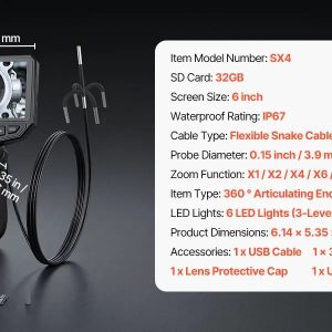 Инспекционна камера VEVOR SX4 Slim, Диаметър на камерата 3.9 мм, 4-посочно управление с 360° ъгъл, Размер на дисплея 6 инча - Image 8