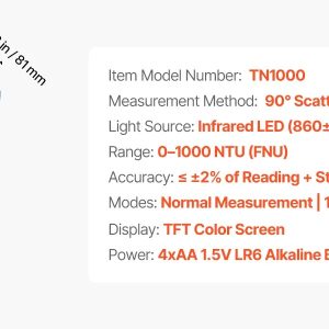 Турбидиметър VEVOR TN1000, За измерване мътността на водата, Стандарт ISO 7027, Измервателен диапазон 0-1000 NTU - Image 8