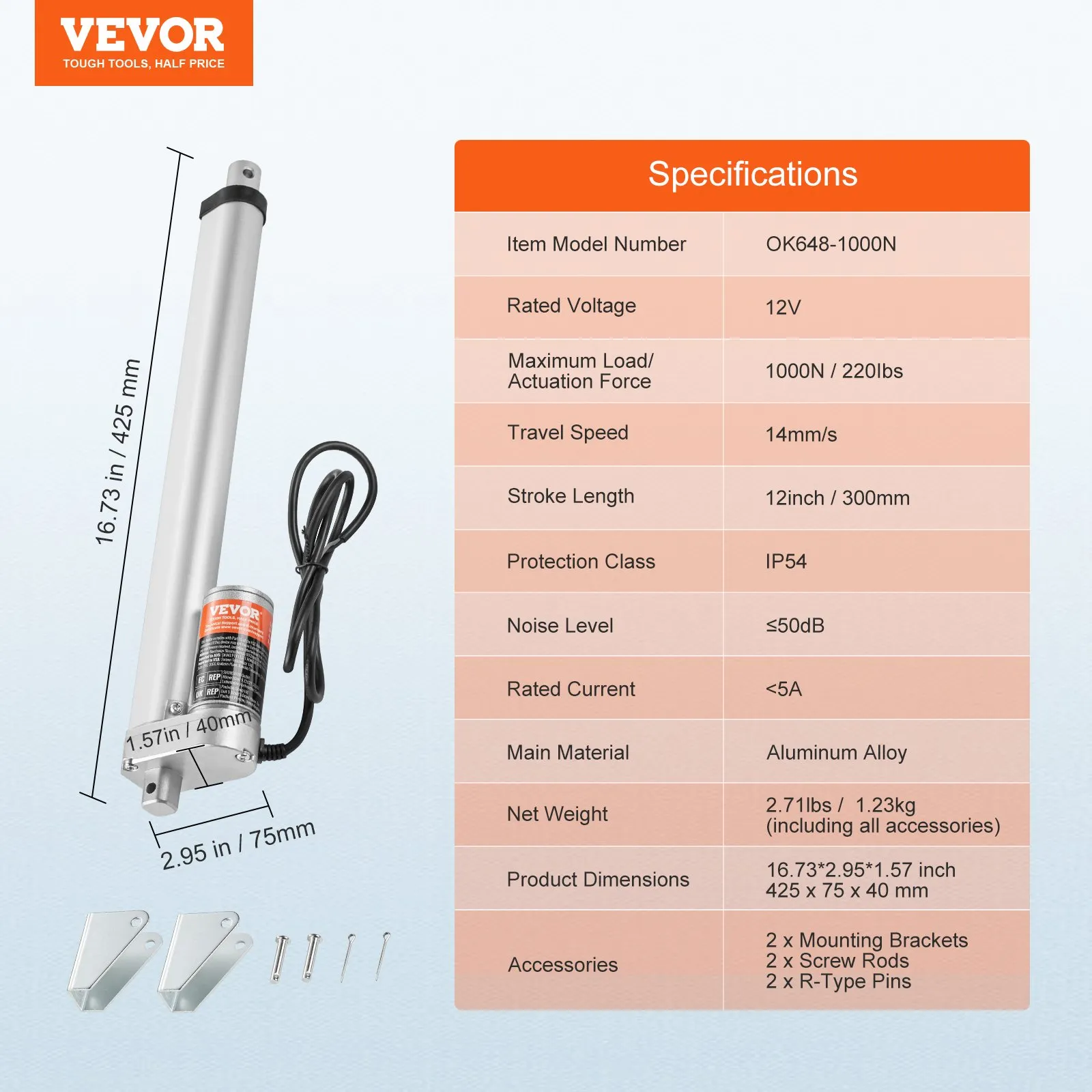 Линеен актуатор 12V Vevor OK648-100N, Ход 30 см, Тяга 1000N - Image 6