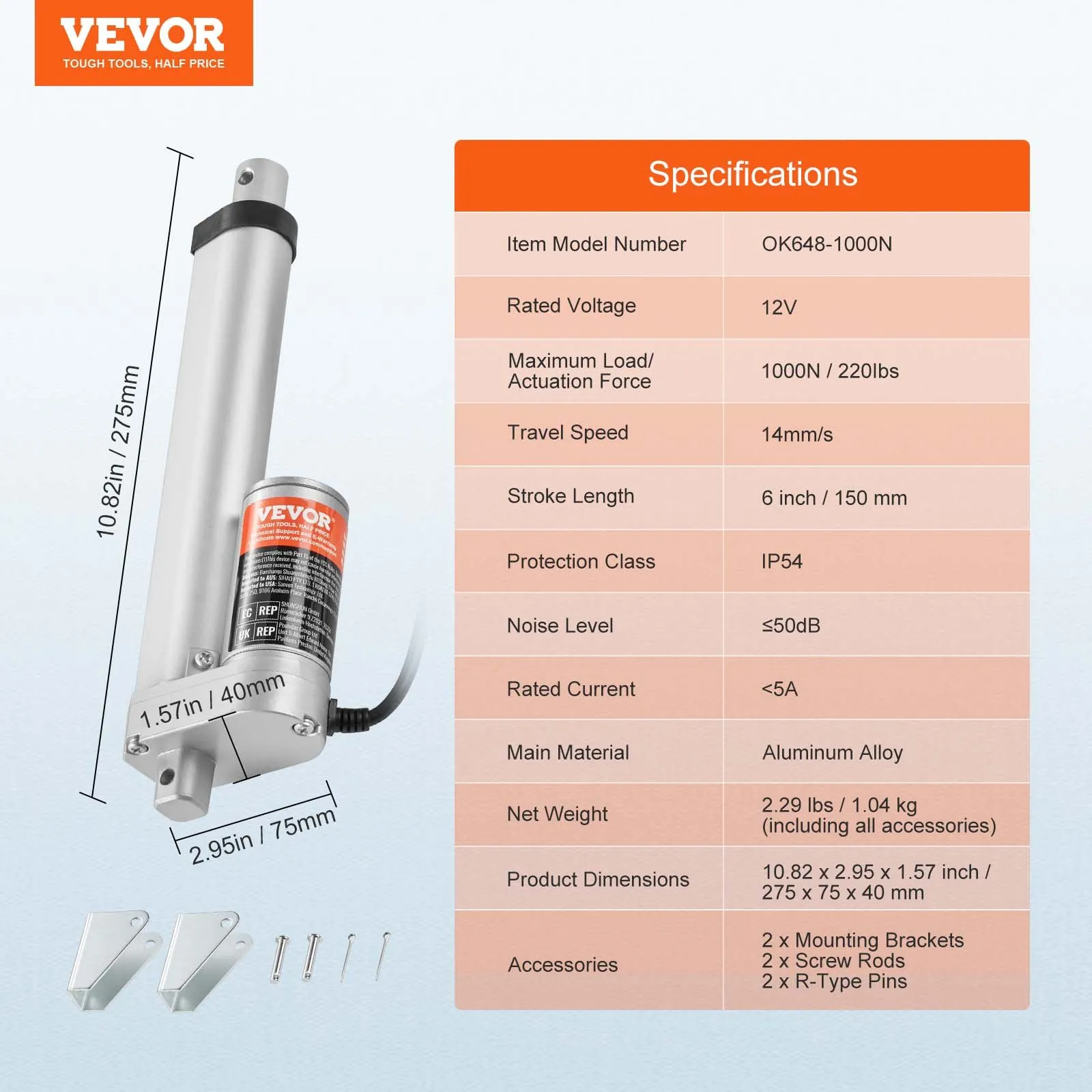 Електрически линеен актуатор Vevor OK648-1000N, 12V, Ход 15 см, Сила 1000N, IP54 - Image 7
