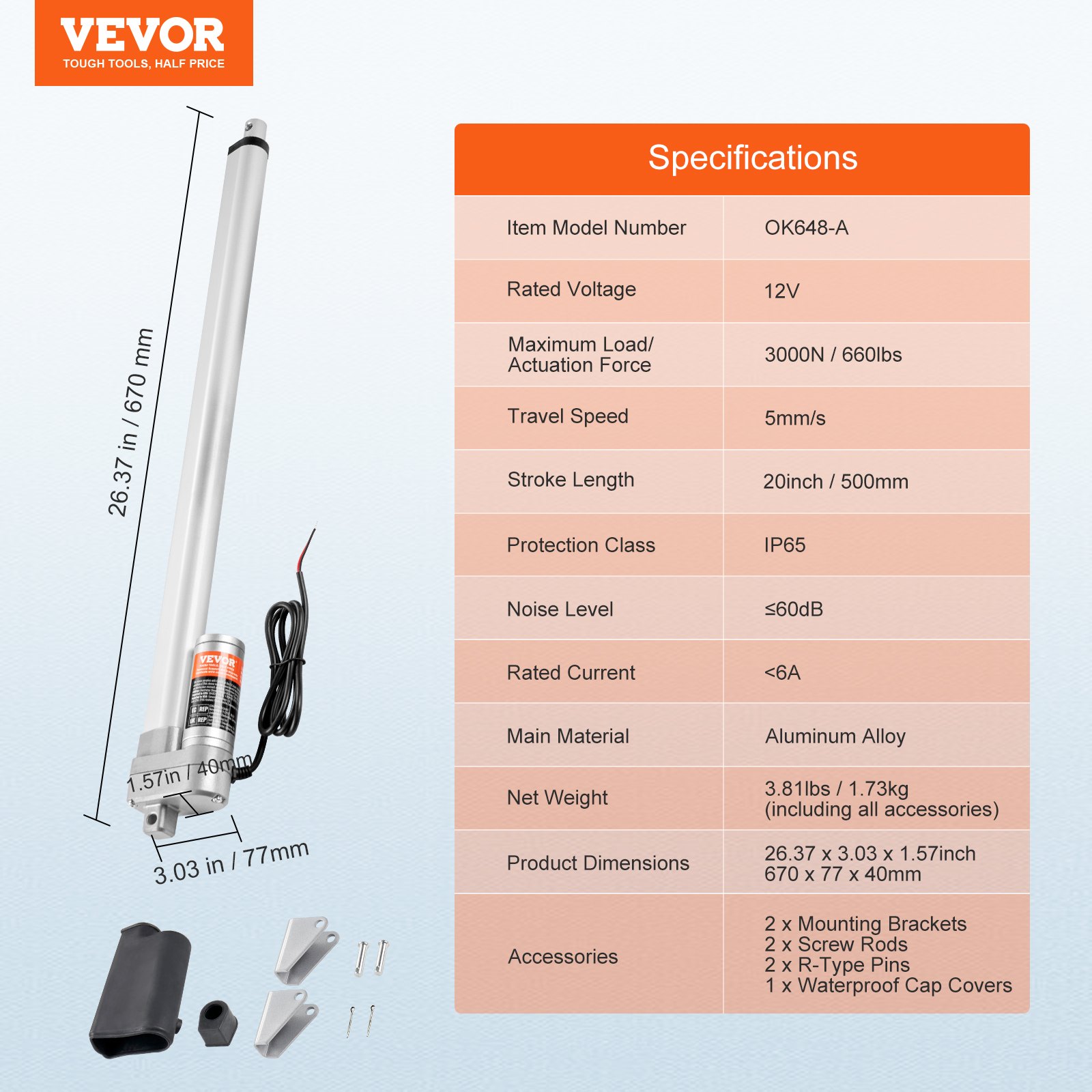 Електрически линеен задвижващ механизъм Vevor OK648-A, 12V, Ход 500 мм, Сила 3000 N, IP65 защита - Image 7