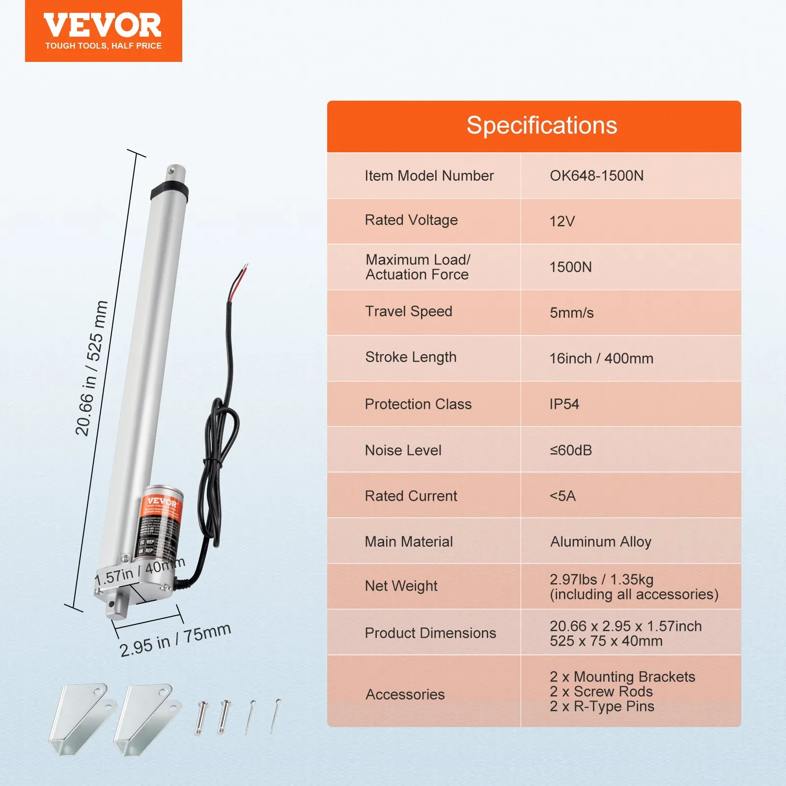 Линеен актуатор Vevor OK648-1500N, Захранване 12V, Ход 40 см, Товароносимост 149.7 кг - Image 7