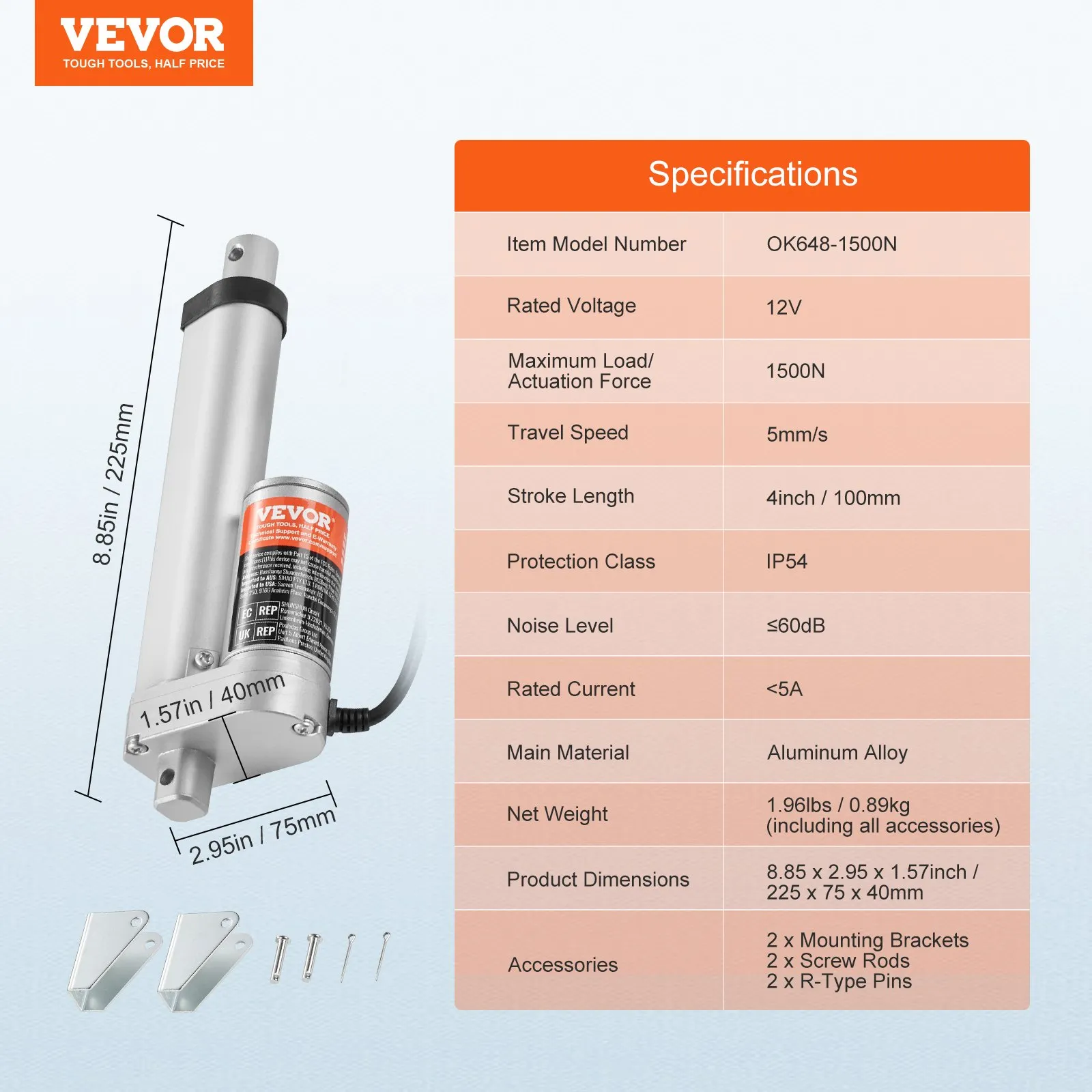Линеен актуатор Vevor OK648-1500N, 12V, Ход 10 см, Тяга 1500N, IP54 защита - Image 7