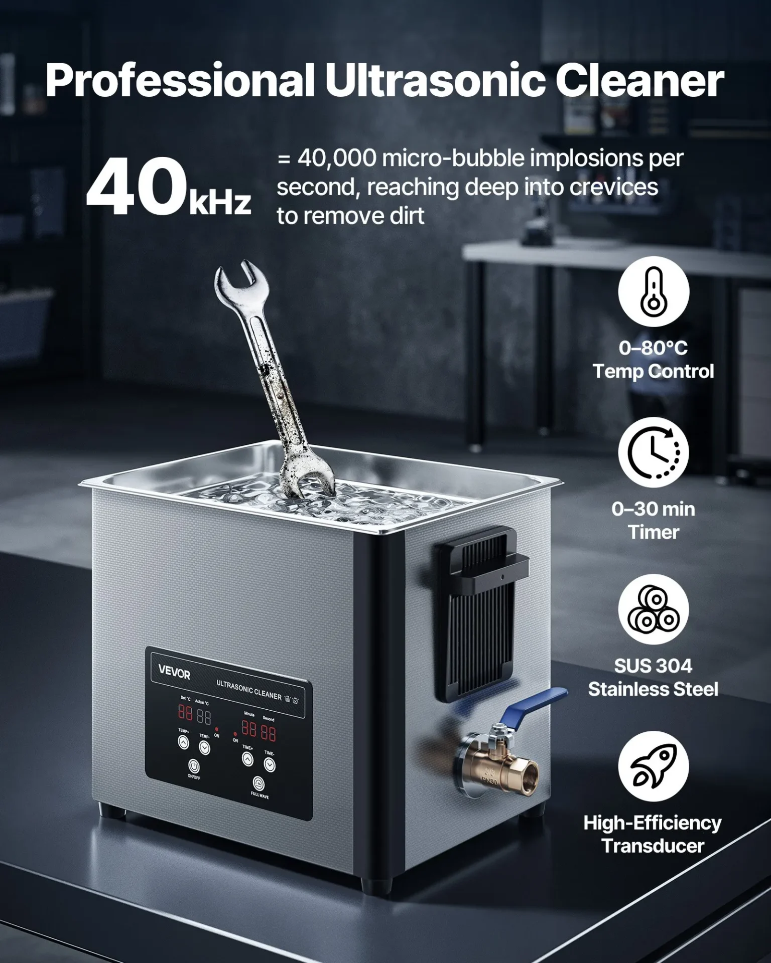 Ултразвукова вана Vevor TH-40ATP, Обем 10 литра, 40 kHz, Отопление 180 W, За платки, Часовникарски части и Метални компоненти - Image 2