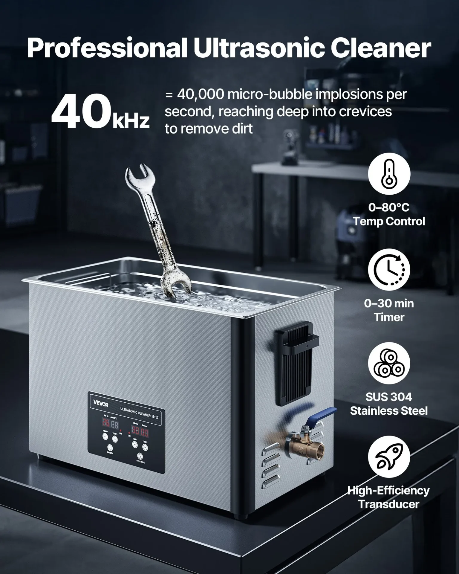 Ултразвукова вана Vevor TH-100ATP, Обем 30 литра, 40 kHz, За автосервизи, работилници и производствени цехове - Image 2