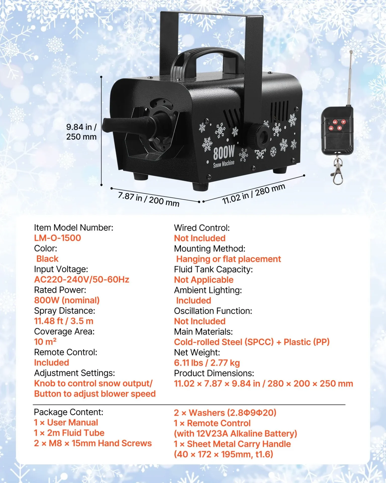 Машина за изкуствен сняг Vevor LM-O-1500, Мощност 1500 W, Резервоар 5 литра, Дистанционно управление - Image 7