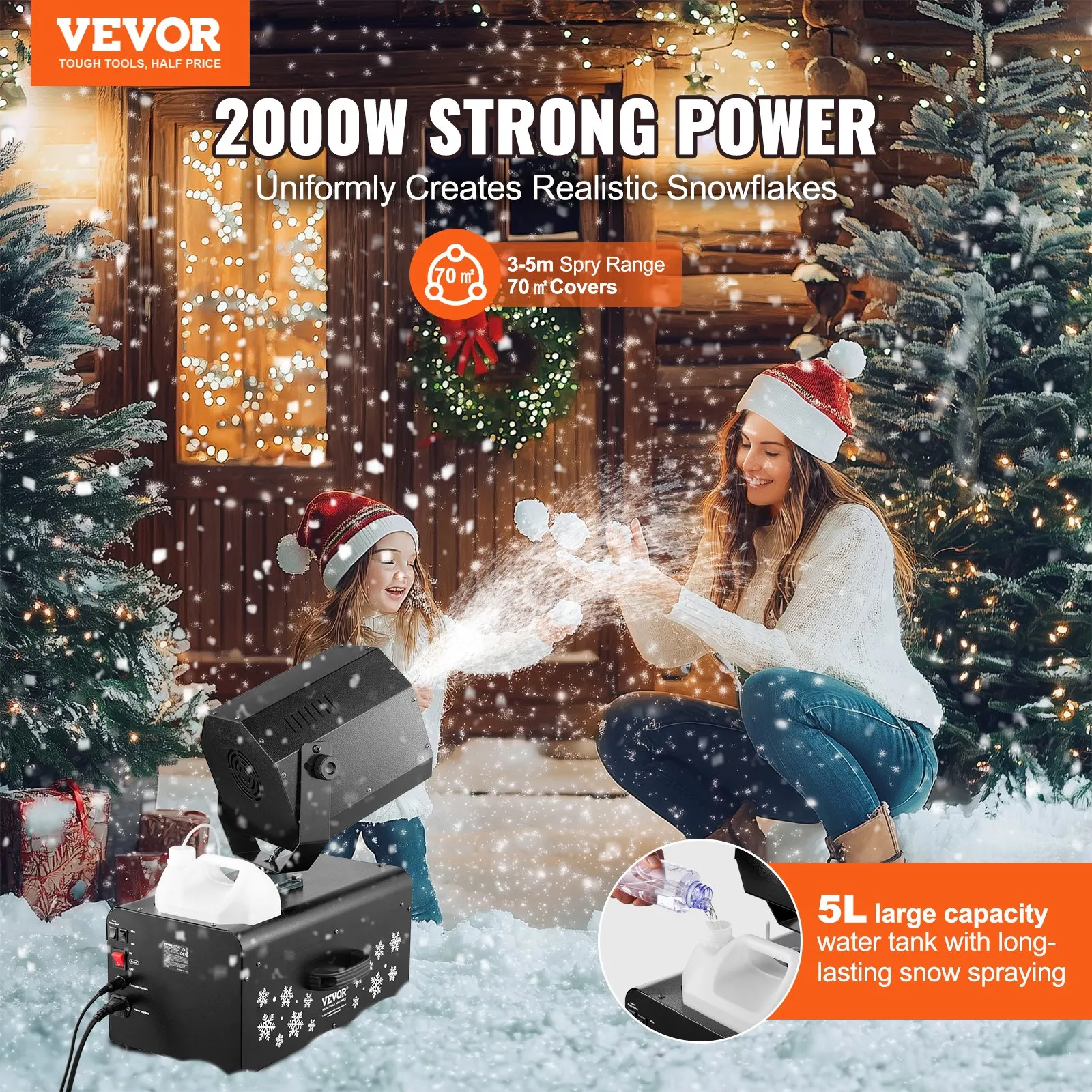 Професионална машина за сняг Vevor LM-O-2000, Въртяща глава на 90 градуса, Мощност 2000 W, Резервоар 5 литра, - Image 2