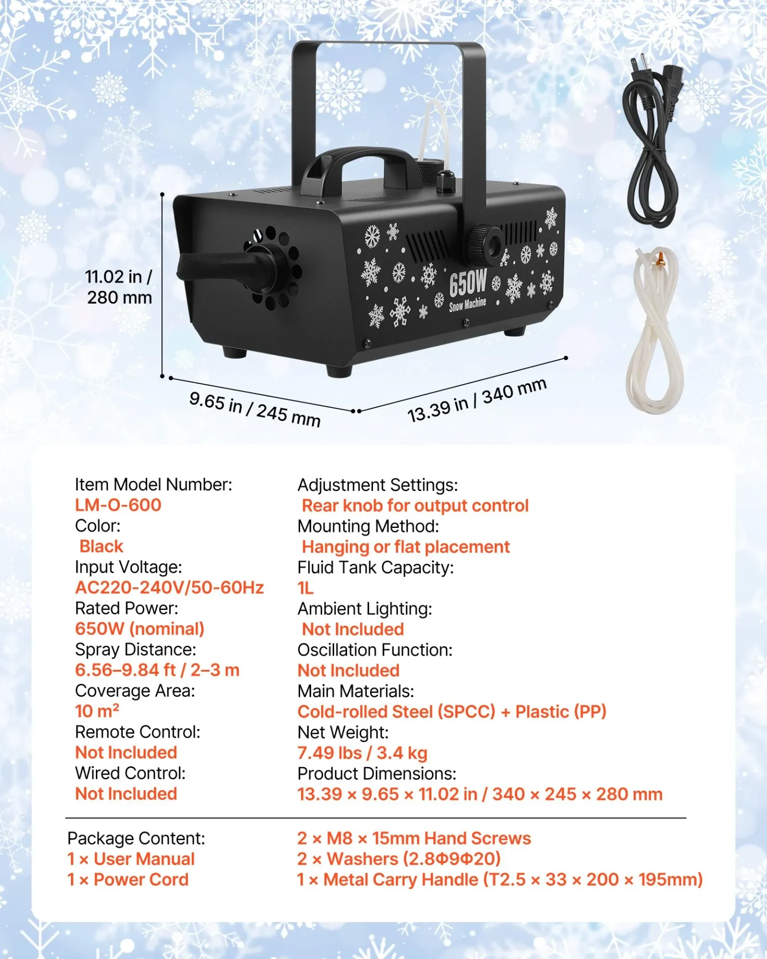 Парти машина за сняг Vevor LM-O-600, Мощност 650 W, Покритие до 10 м², Разпръскване до 3 м - Image 7