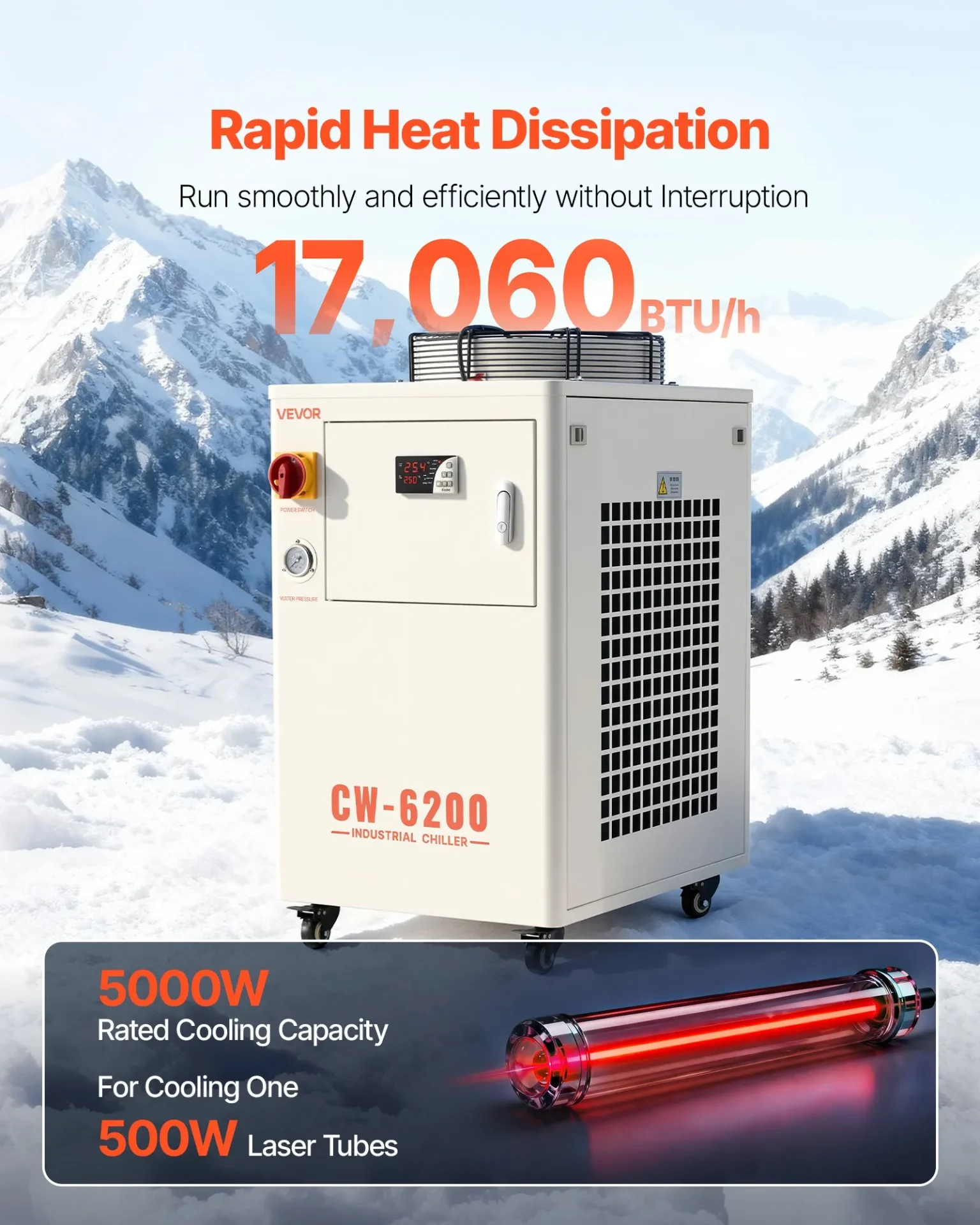 Индустриален чилър за вода Vevor CW-6200, Охладителна мощност 5000 W, Резервоар 15 литра, За CO2 лазерни машини и CNC оборудване - Image 2