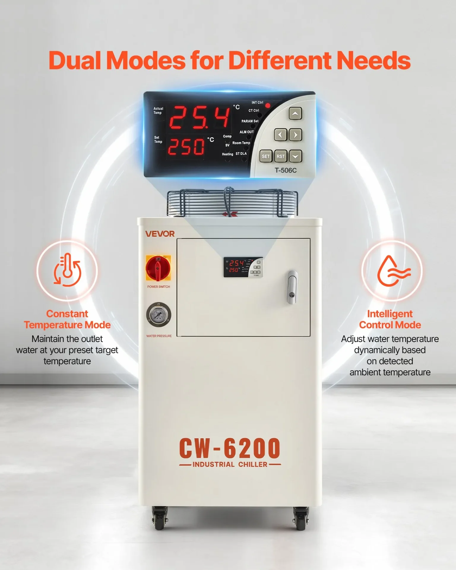Индустриален чилър за вода Vevor CW-6200, Охладителна мощност 5000 W, Резервоар 15 литра, За CO2 лазерни машини и CNC оборудване - Image 4