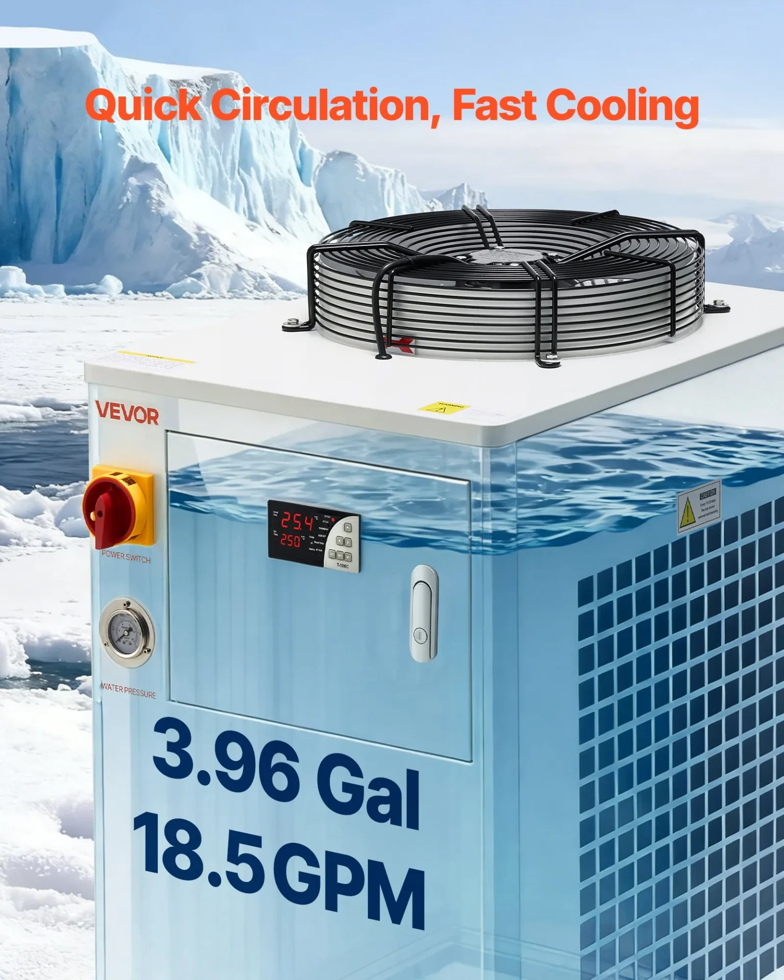 Индустриален чилър за вода Vevor CW-6200, Охладителна мощност 5000 W, Резервоар 15 литра, За CO2 лазерни машини и CNC оборудване - Image 5