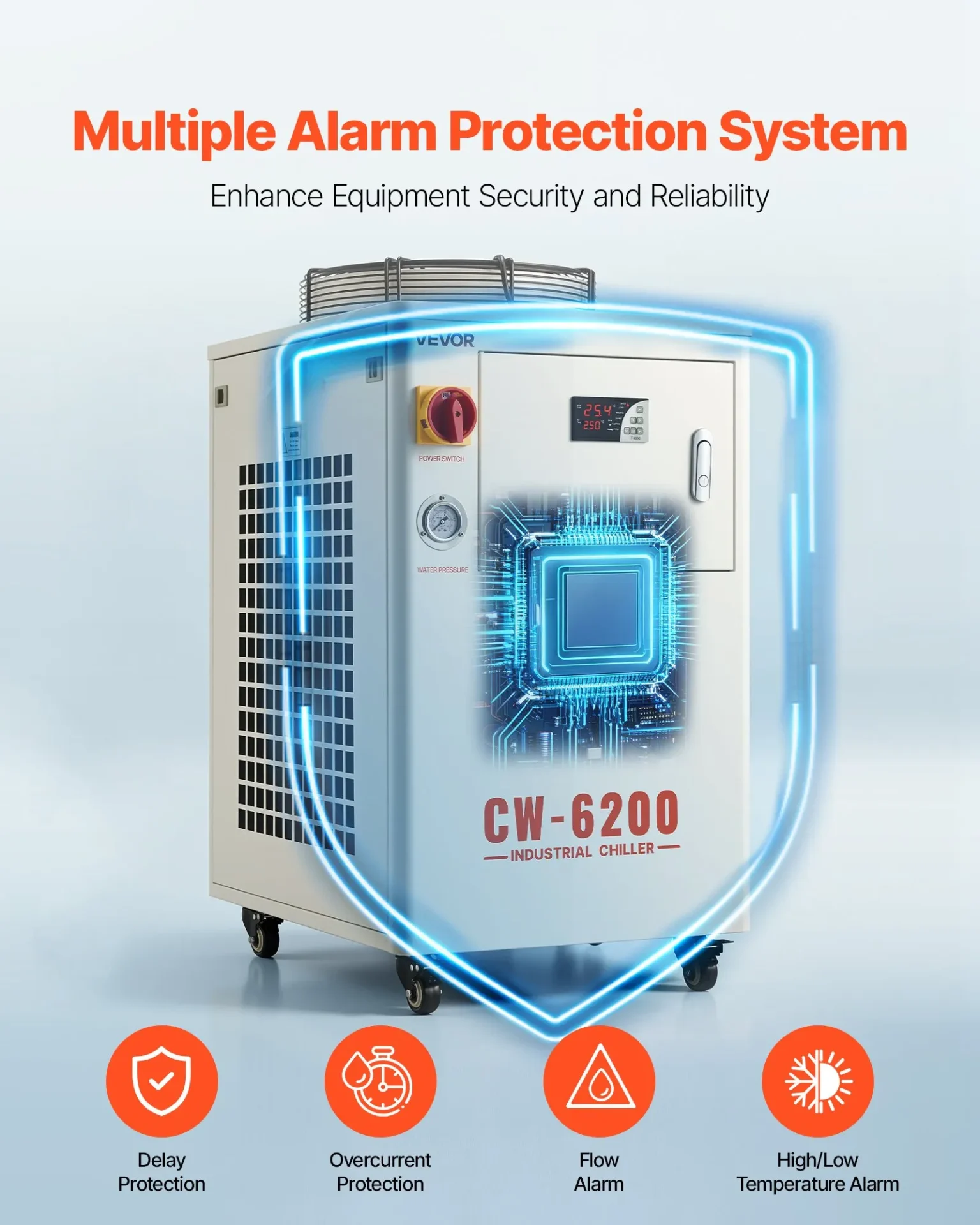 Индустриален чилър за вода Vevor CW-6200, Охладителна мощност 5000 W, Резервоар 15 литра, За CO2 лазерни машини и CNC оборудване - Image 6