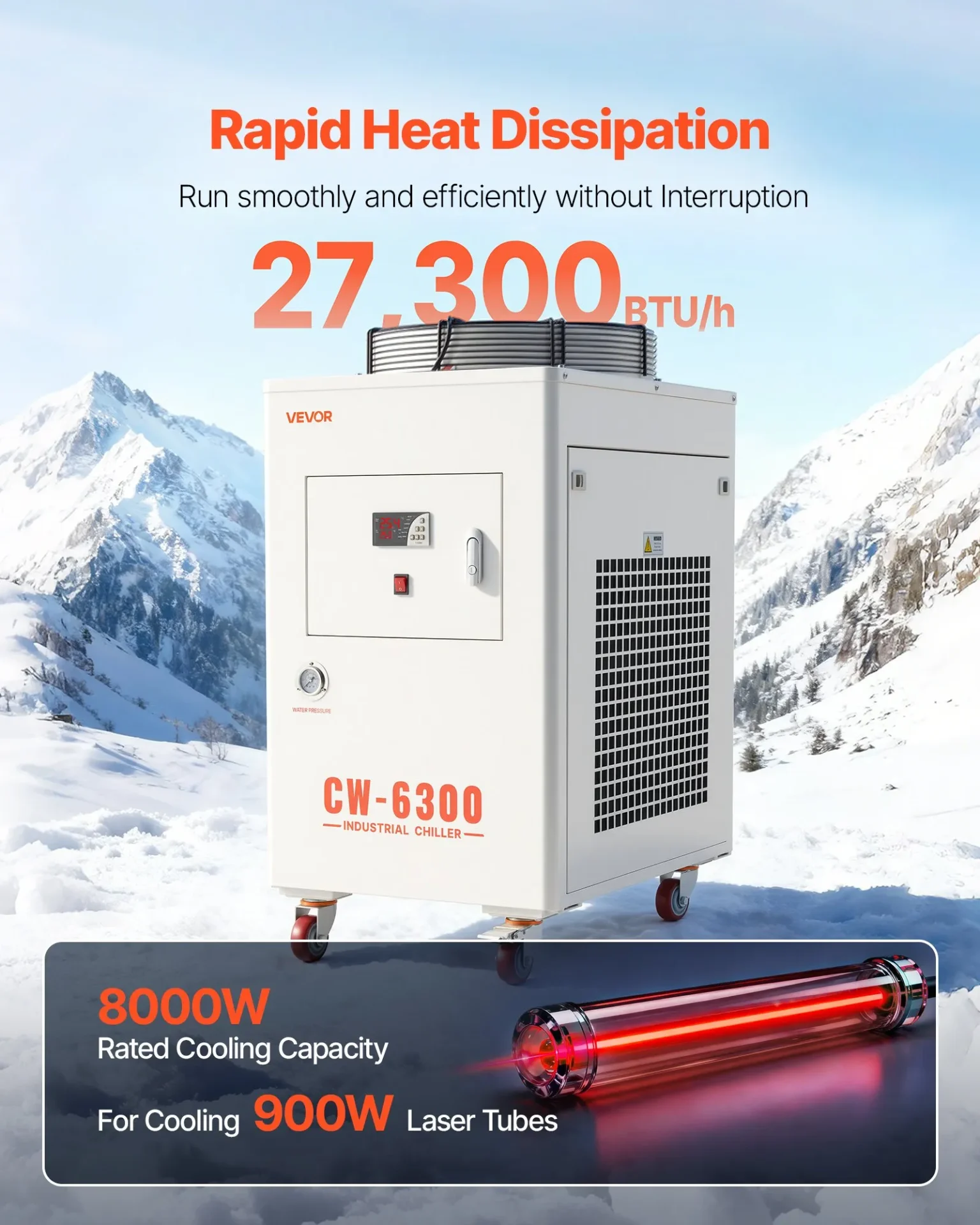Чилър за охлаждане на вода Vevor CW-6300, Охладителна мощност 8000 W, Дебит 70 L/min, Резервоар 40 литра - Image 2
