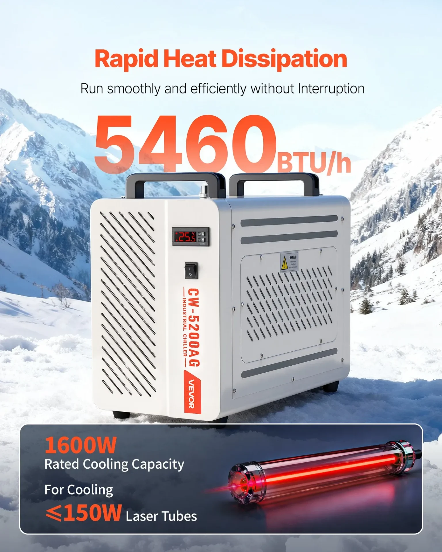 Чилър за охлаждане на вода Vevor CW-5200AG, Охлаждаща мощност 1600 W, Резервоар 7 литра, За CO2 лазери и CNC машини - Image 2