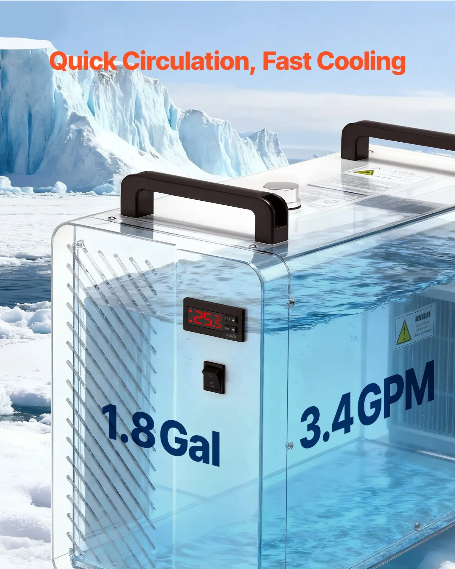 Чилър за охлаждане на вода Vevor CW-5200AG, Охлаждаща мощност 1600 W, Резервоар 7 литра, За CO2 лазери и CNC машини - Image 5
