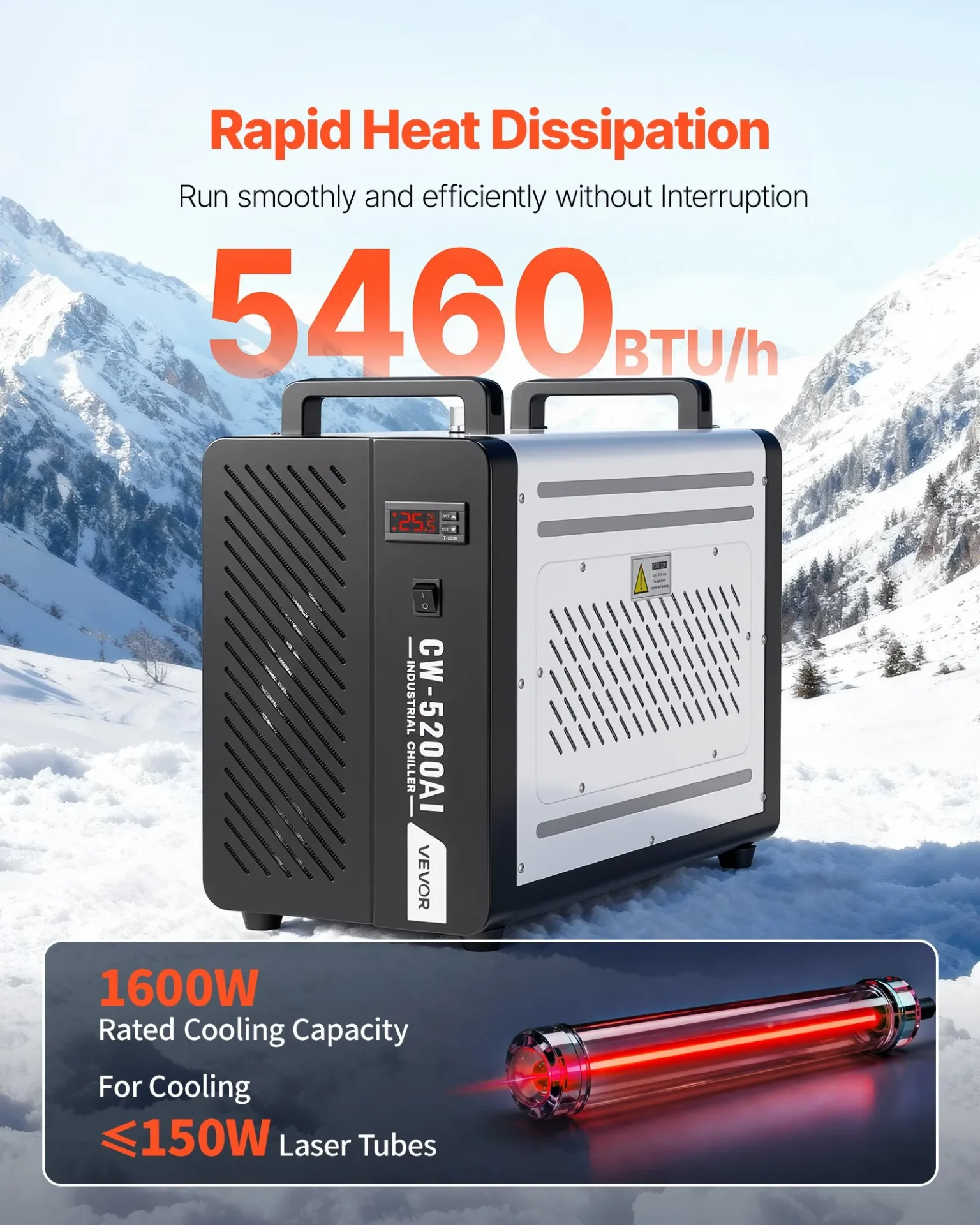 Индустриален воден чилър Vevor CW-5200AI, Охлаждаща мощност 1600 W, Резервоар 7 литра, За CO2 лазерни машини до 150 W - Image 2