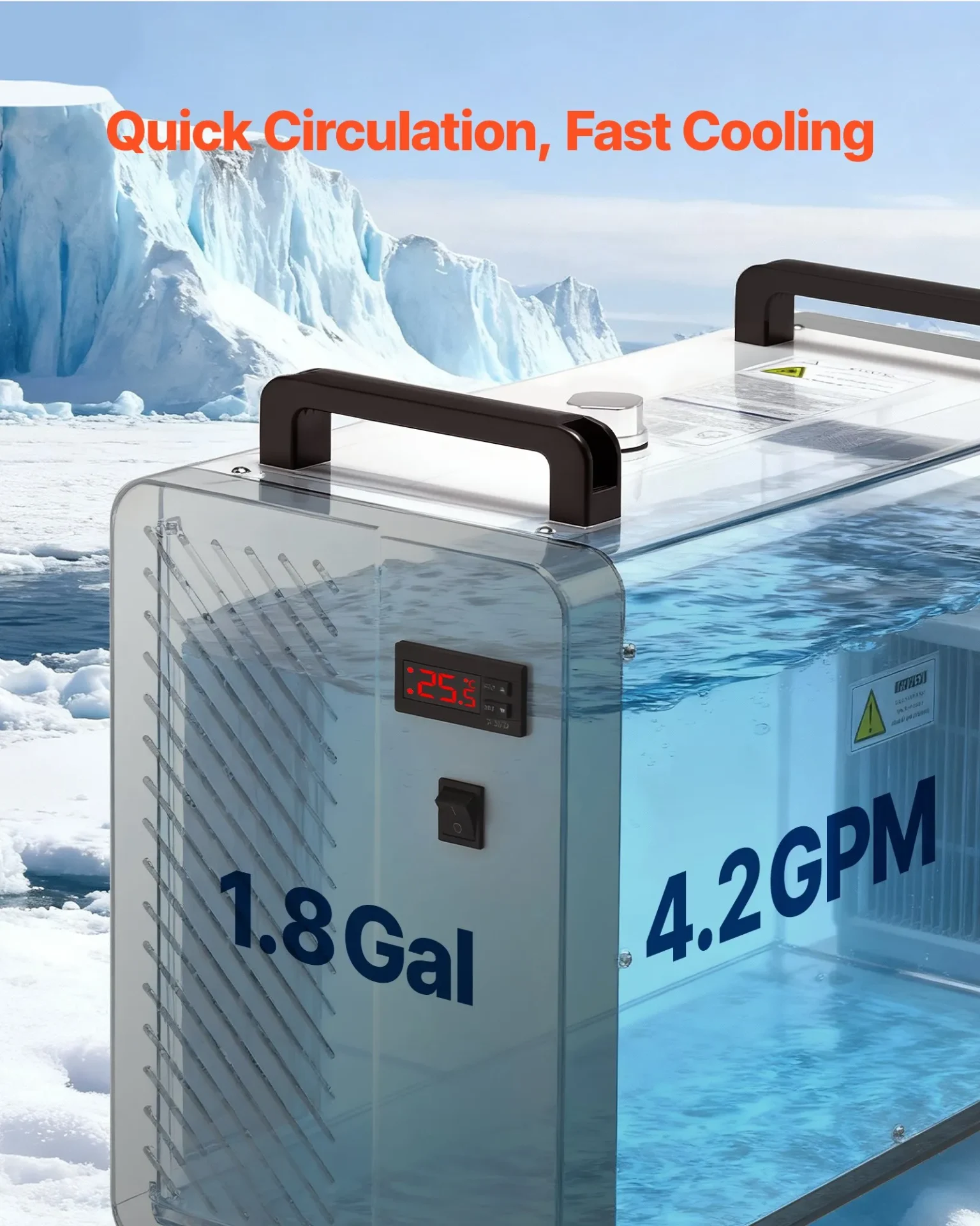 Индустриален воден чилър Vevor CW-5200AI, Охлаждаща мощност 1600 W, Резервоар 7 литра, За CO2 лазерни машини до 150 W - Image 5
