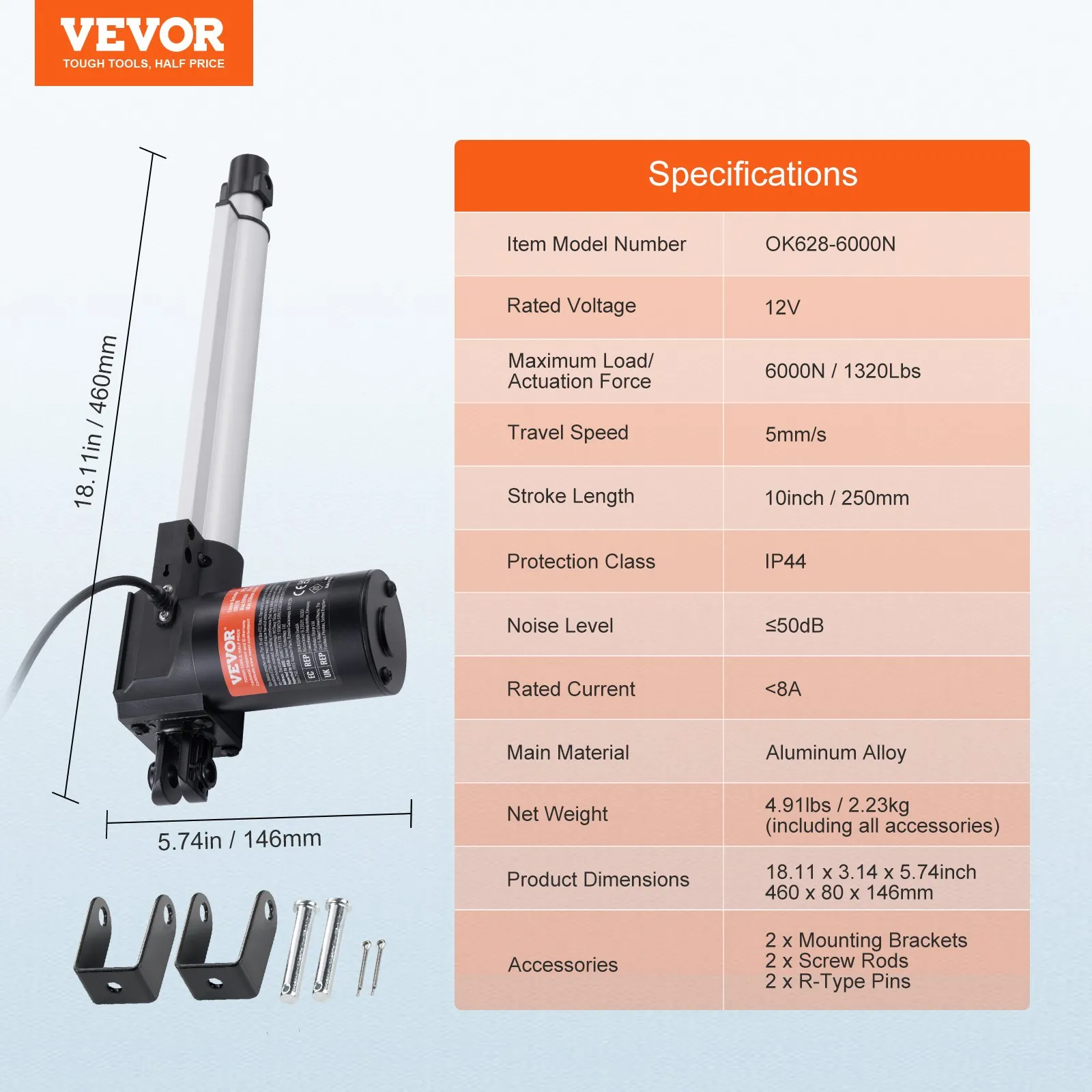Линеен актуатор Vevor OK628-6000N, Сила 6000 N, Ход 25.4 см, Товароносимост 598.7 кг, IP44 - Image 7