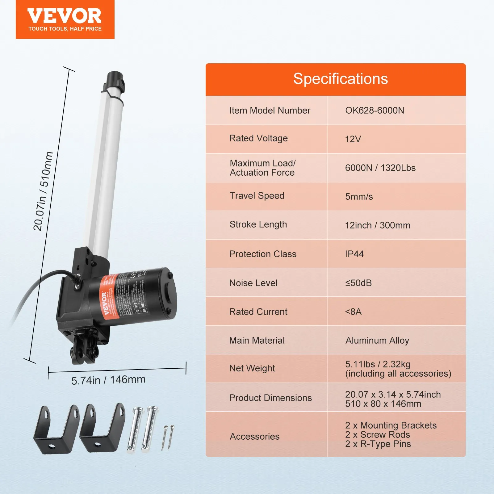 Линеен задвижващ механизъм Vevor OK628-6000N, 12 V, Ход 300 мм, Тяга 6000 N, IP44 - Image 6