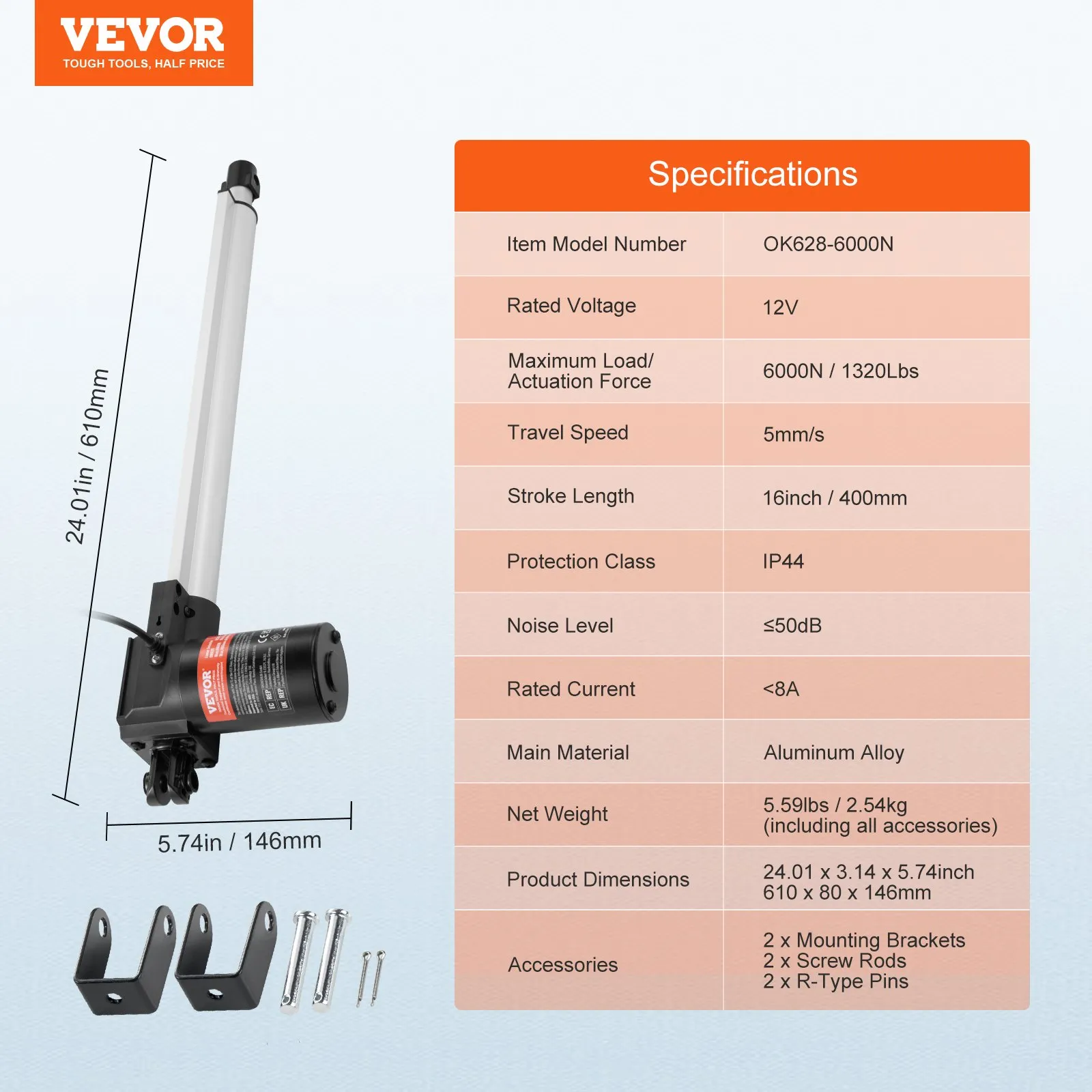 Линеен актуатор Vevor OK628-6000N, Сила 6000 N, Ход 400 мм, Захранване 12 V - Image 7