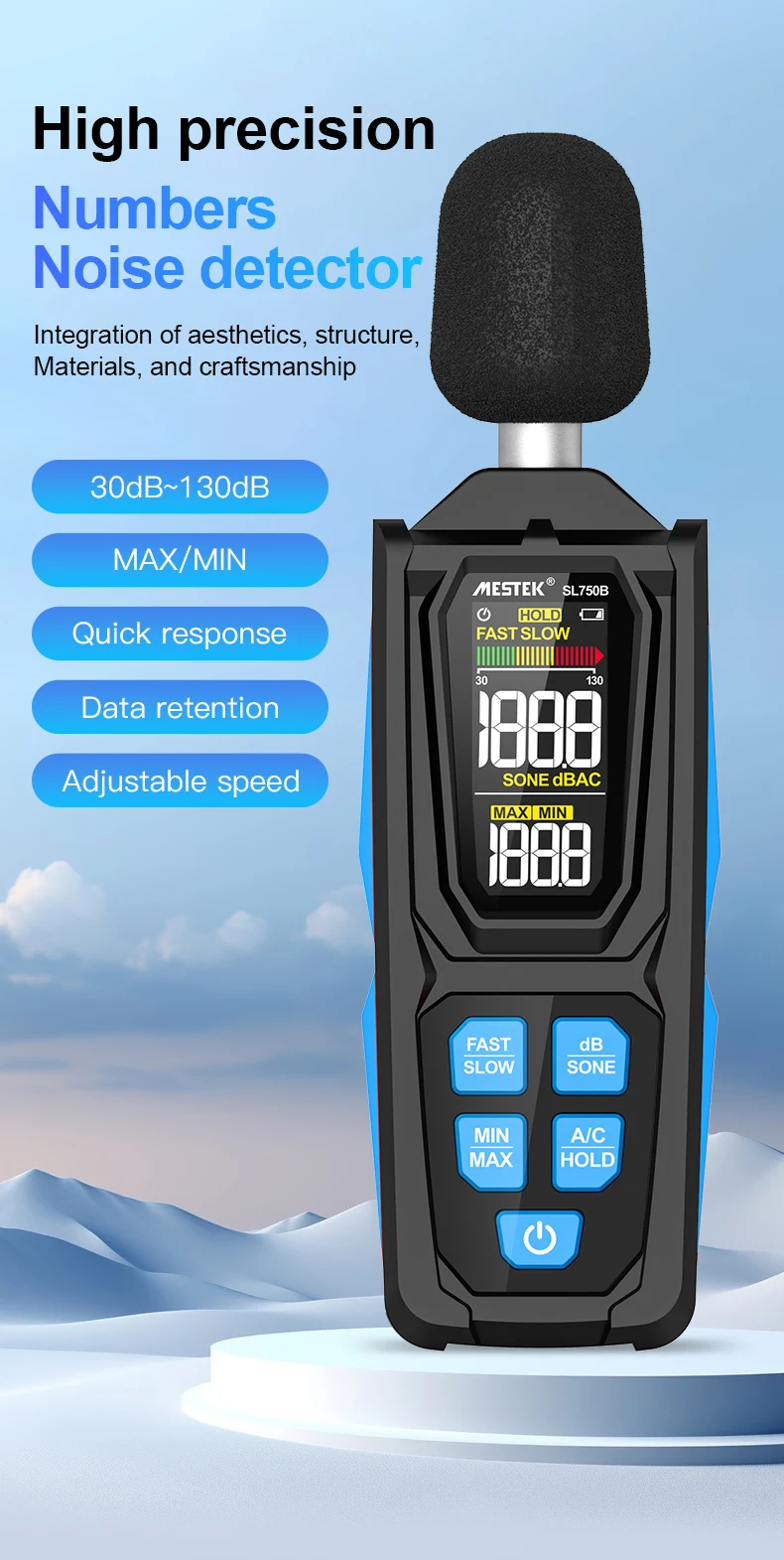 Дигитален шумомер Mestek SL750B, 30 до 130 dB, A/C претегляне, Цветен дисплей - Image 2