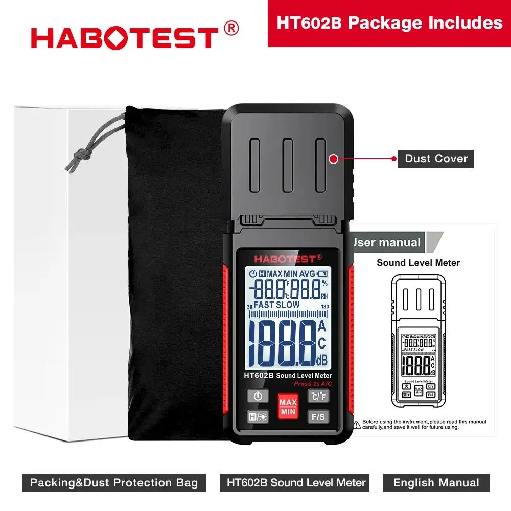 Шумомер Habotest HT602B, Измерване 30 до 130 dB, A/C претегляне, Температура и Влажност - Image 2