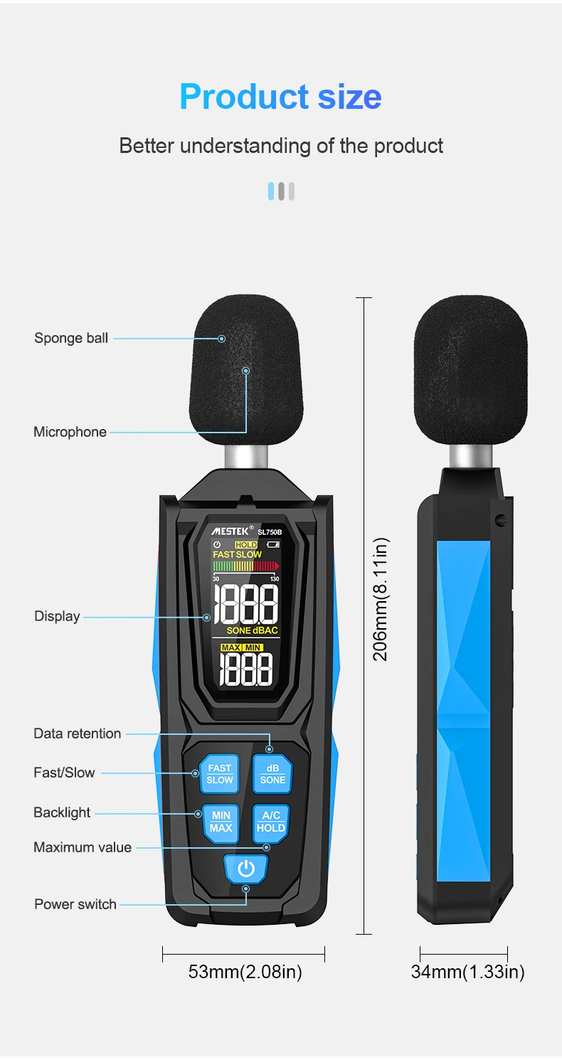 Дигитален шумомер Mestek SL750B, 30 до 130 dB, A/C претегляне, Цветен дисплей - Image 13