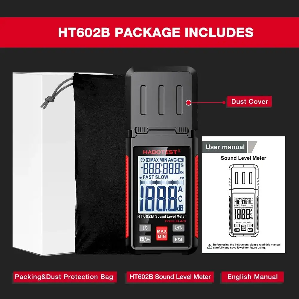 Шумомер Habotest HT602B, Измерване 30 до 130 dB, A/C претегляне, Температура и Влажност - Image 14