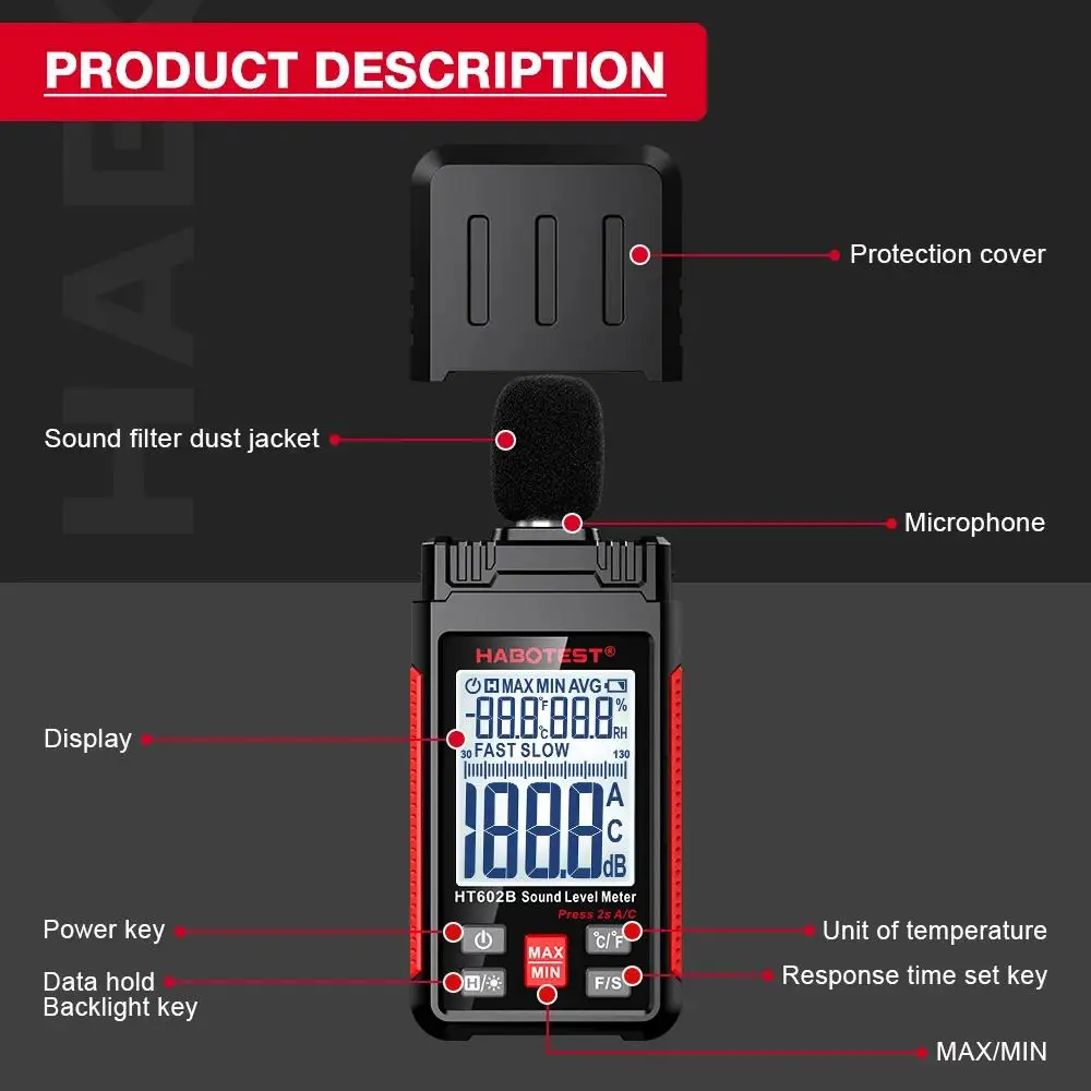 Шумомер Habotest HT602B, Измерване 30 до 130 dB, A/C претегляне, Температура и Влажност - Image 5