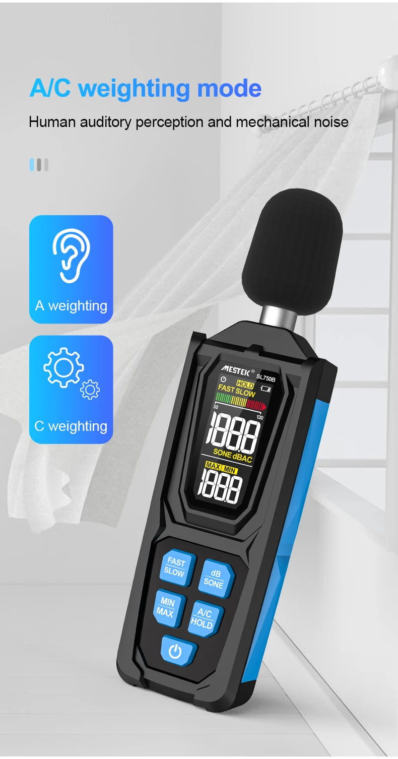 Дигитален шумомер Mestek SL750B, 30 до 130 dB, A/C претегляне, Цветен дисплей - Image 7