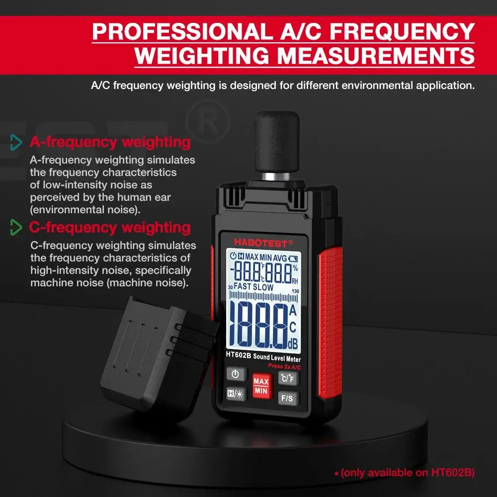Шумомер Habotest HT602B, Измерване 30 до 130 dB, A/C претегляне, Температура и Влажност - Image 6