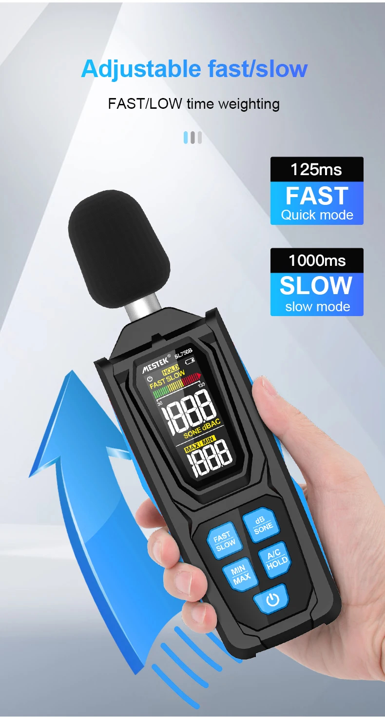 Дигитален шумомер Mestek SL750B, 30 до 130 dB, A/C претегляне, Цветен дисплей - Image 8