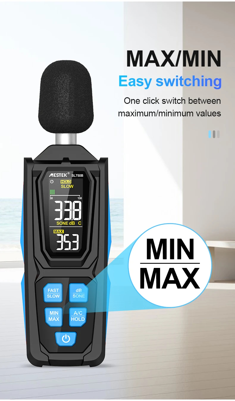 Дигитален шумомер Mestek SL750B, 30 до 130 dB, A/C претегляне, Цветен дисплей - Image 9