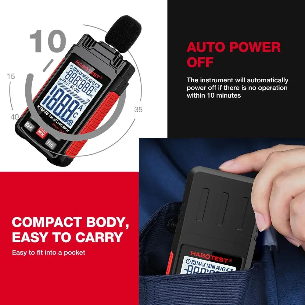 Шумомер Habotest HT602B, Измерване 30 до 130 dB, A/C претегляне, Температура и Влажност - Image 8