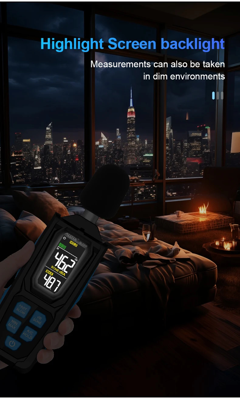 Дигитален шумомер Mestek SL750B, 30 до 130 dB, A/C претегляне, Цветен дисплей - Image 10