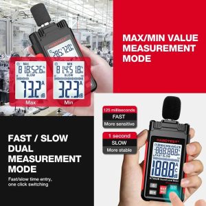 Шумомер Habotest HT602B, Измерване 30 до 130 dB, A/C претегляне, Температура и Влажност - Image 9