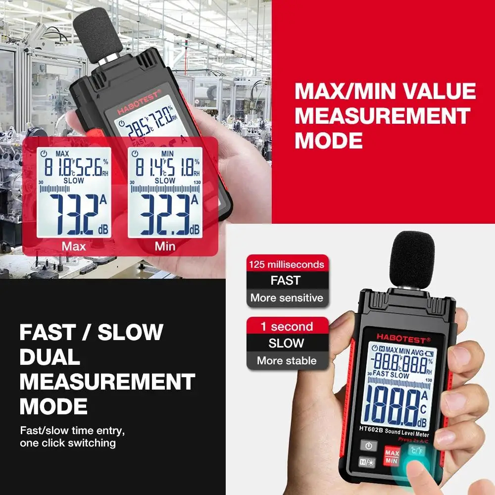 Шумомер Habotest HT602B, Измерване 30 до 130 dB, A/C претегляне, Температура и Влажност - Image 9