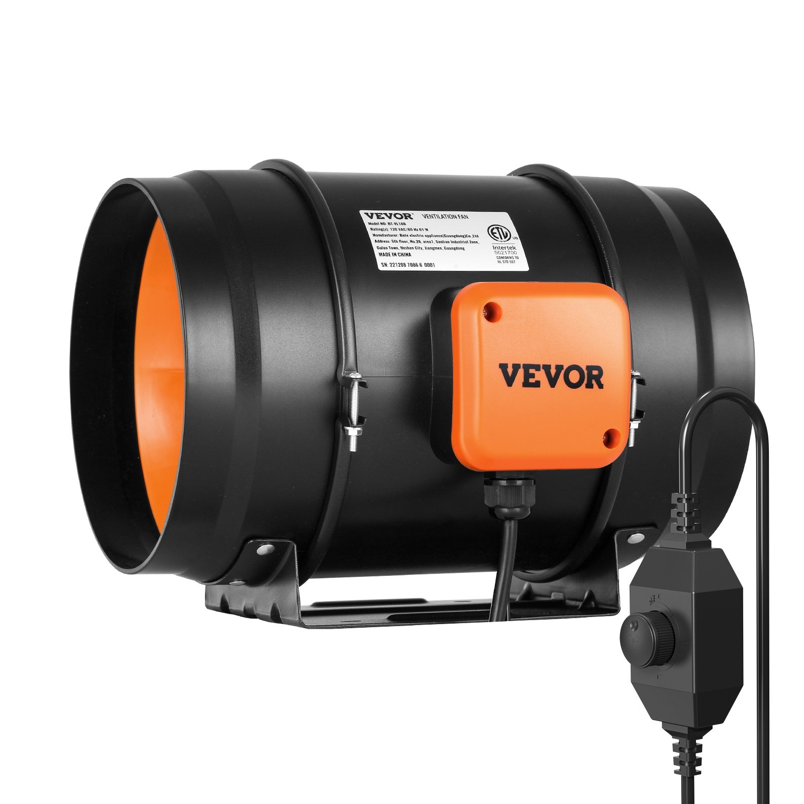 Канален вентилатор VEVOR BT-FL18A с регулатор