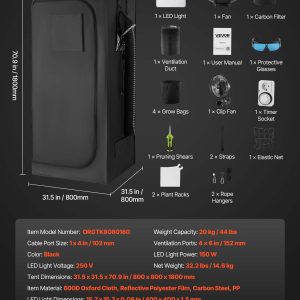 Комплект гроубокс VEVOR ORGTK8080180, Размери 80 x 80 x 180 cm, LED осветление 150 W и вентилация, За отглеждане на зеленчуци, цветя и билки на закрито - Image 7