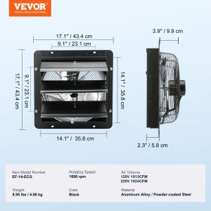 Индустриален вентилатор VEVOR EF-14-ECG, Диаметър 356 мм, Дебит 1700 m³/ч, Мощност 30 W и скорост на въртене: 1600 об./мин - Image 7