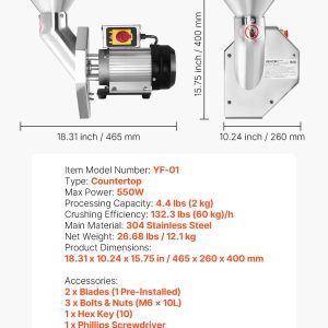 Мелачка за плодове VEVOR YF-01, Мощност 550W, Неръждаема стомана, Обработва ябълки, круши, ананас, гуава, моркови и картофи - Image 7