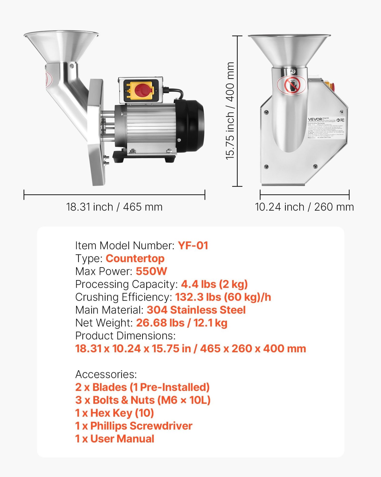 Мелачка за плодове VEVOR YF-01, Мощност 550W, Неръждаема стомана, Обработва ябълки, круши, ананас, гуава, моркови и картофи - Image 7