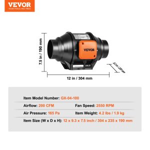 Канален вентилатор VEVOR GX-04-100, Диаметър 102 mm, Дебит 220 м³/ч, С регулатор за извеждане на топлина, влага, дим и застоял въздух - Image 7